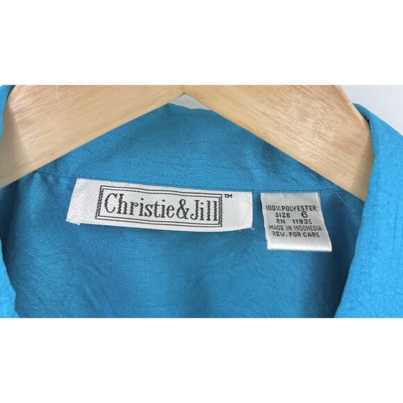 Christie & Jill Bright Blue Gold Nautical Button Up Shirt Blouse Blouse Sz 6 - Picture 6 of 8